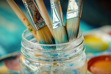 Fototapeta premium A collection of paint brushes stored in a jar, placed on a table for easy access