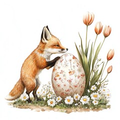 Fototapeta premium A charming fox curiously examines a beautifully decorated egg surrounded by flowers.