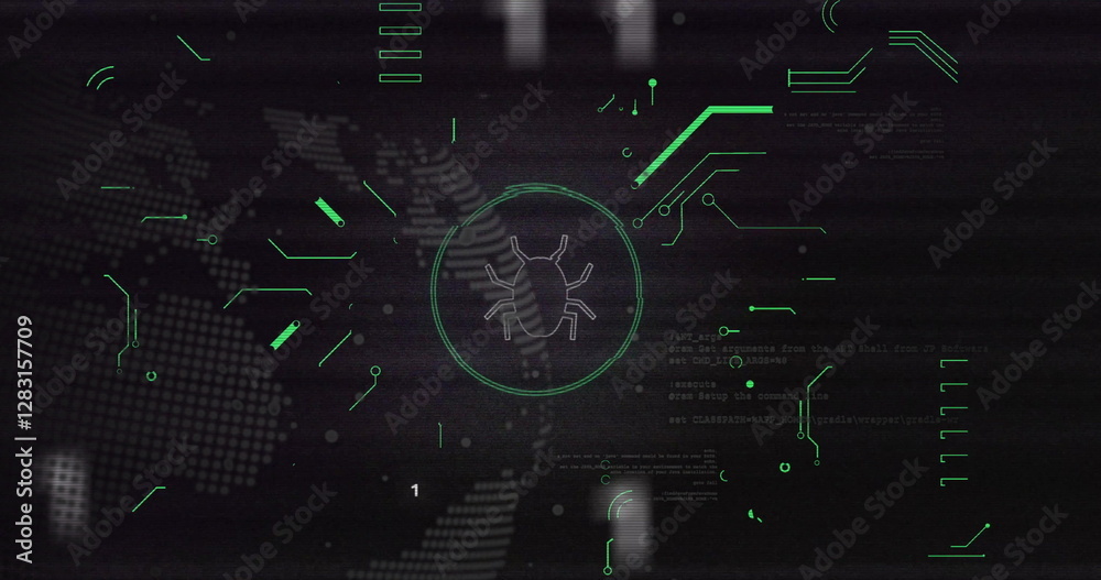 Poster bug icon and binary code image over digital world map background