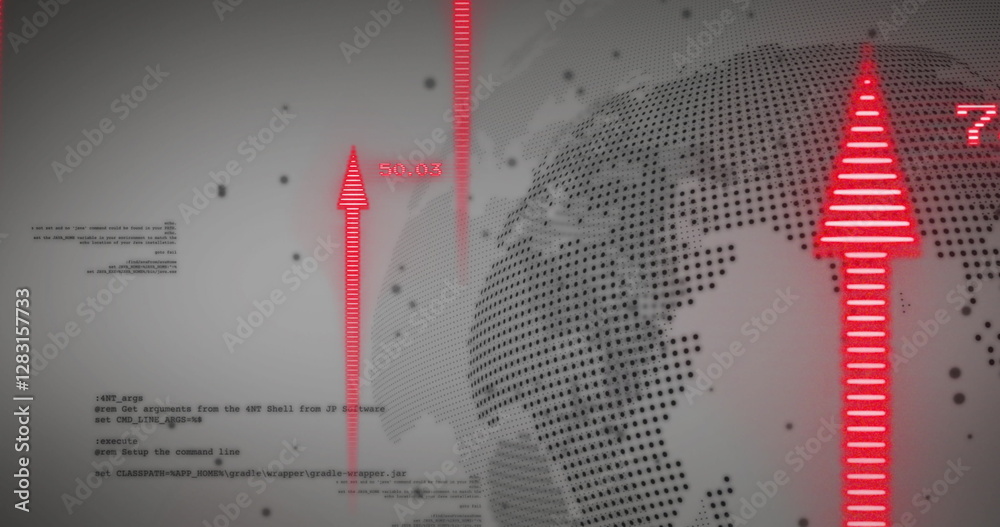 Poster image of data processing and arrows over globe