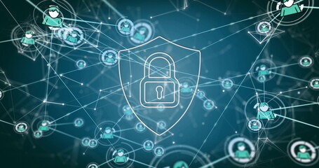 Image of padlock and shield over network of connections with icons