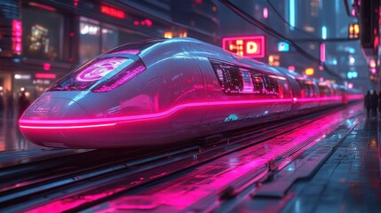 Fototapeta premium Futuristic train in neon city