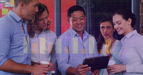 Image of financial data processing over diverse colleagues discussing work in office