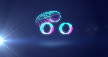 Image of neon circles moving on blue background