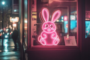 Bright neon bunny decoration enhances Easter spirit in a city storefront during spring holiday celebrations