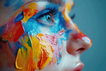 A close-up shot of an individual with colorful paint on their face