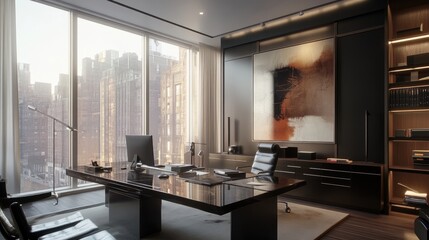 Obraz premium Modern City View Office: Dark Wood, Abstract Art, and Luxurious Design