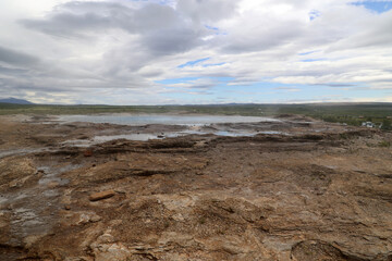 Great Geysir, the still rarely erupting Great Geysir in the hot valley of Haukadalur - Iceland 