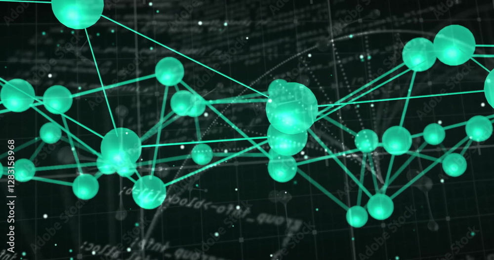 Poster image of network of connections and data processing on black background