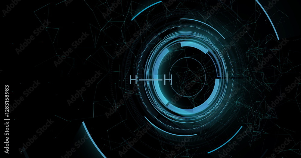 Poster rotating blue digital interface with binary code and circular patterns, futuristic image