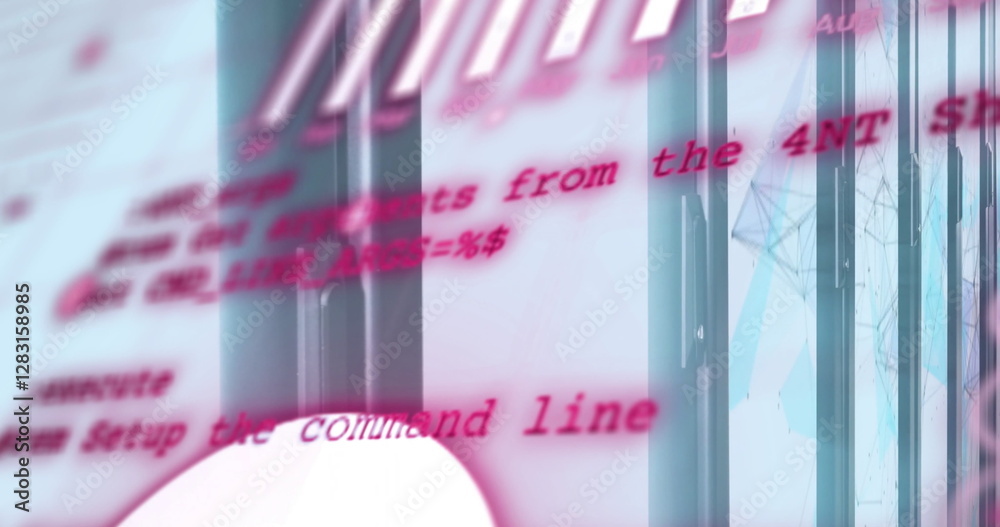 Poster programming code image over modern glass building with reflections