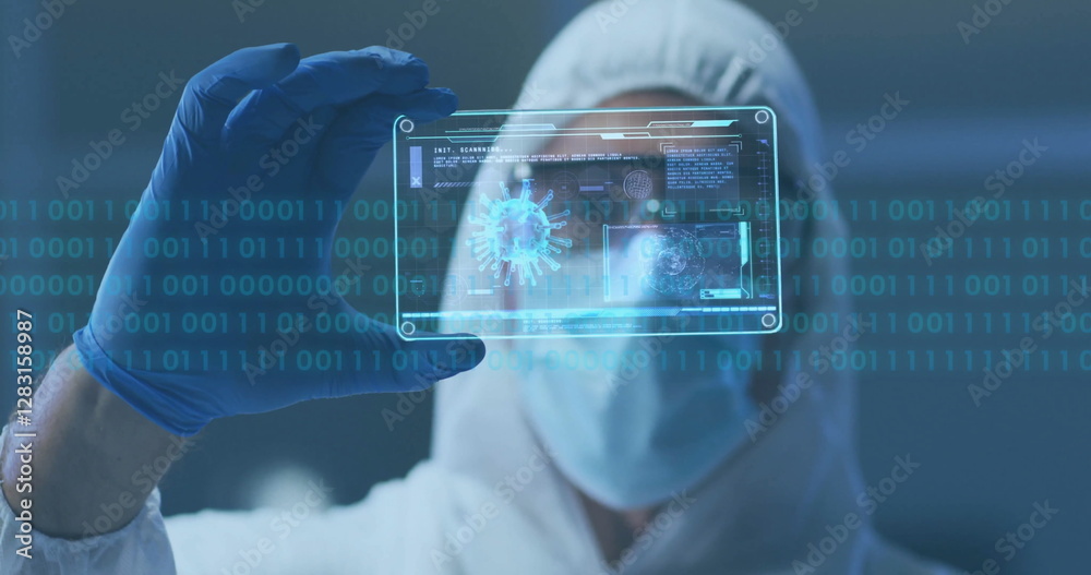 Poster scientist in protective gear examining digital data image over binary code