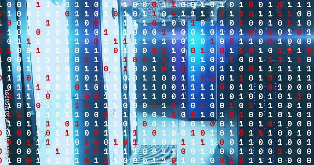 Poster binary code in red and white over image of server room