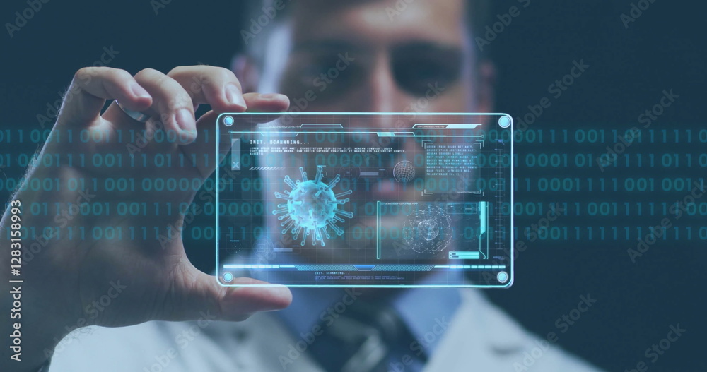 Poster holding transparent tablet, person viewing binary code and digital data image