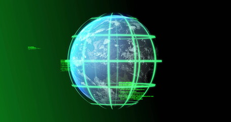 Image of network of connections and globe with data processing on black background