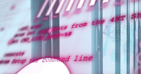 Programming code image over modern glass building with reflections