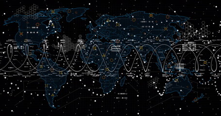 Image of dna strand and world map over data processing