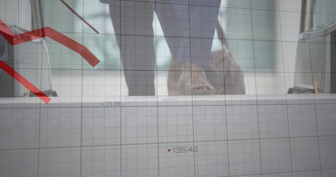 Image of financial data processing over business people on escalator