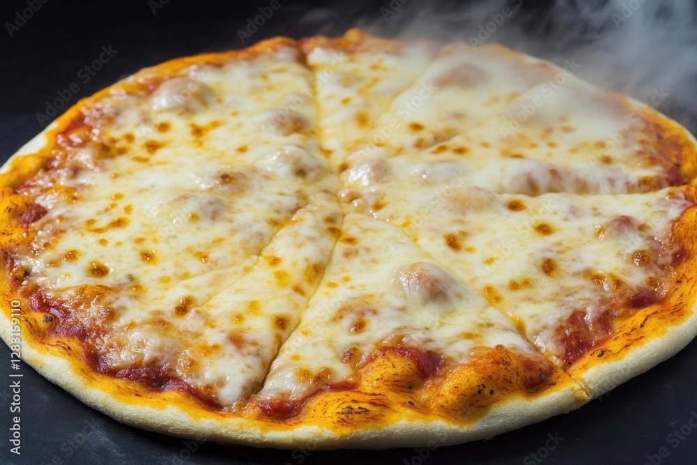 Poster a close-up view of a delicious-looking pizza on a pan, ready for serving