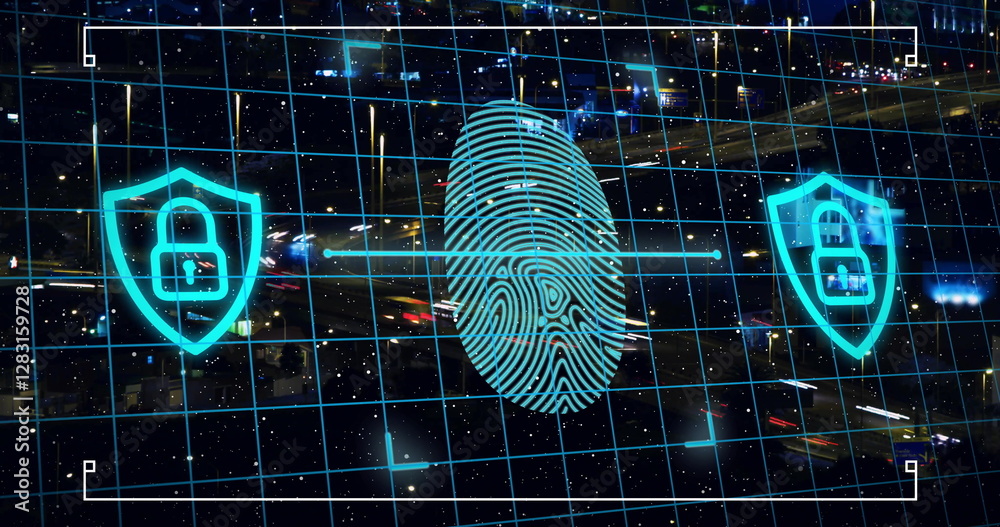 Poster fingerprint scanning image over cityscape with grid and data visualization