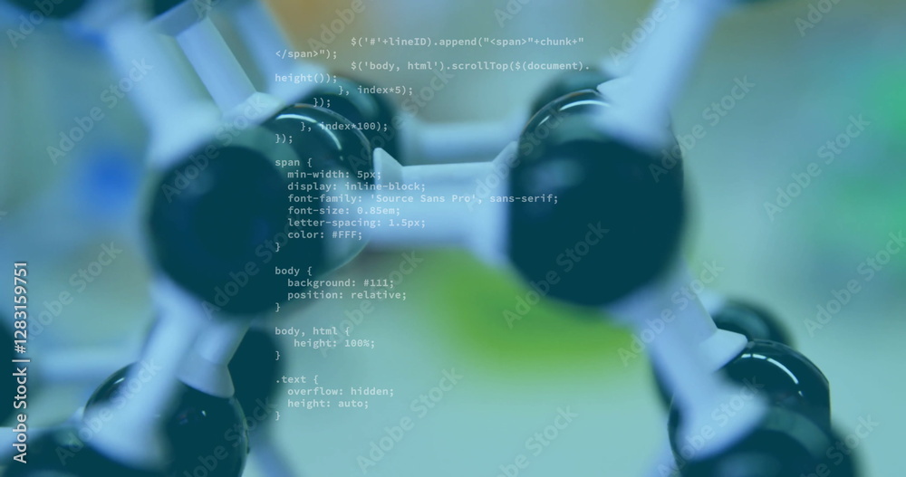 Poster programming code image over blurred molecular structure in scientific background