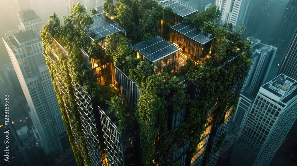 Poster A city building with a unique feature of having many trees growing out of the top