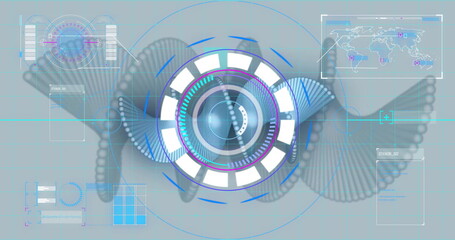 Futuristic data processing image over digital DNA strand and world map