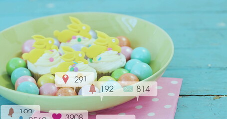 Fototapeta premium Social media engagement image over colorful Easter-themed cupcakes and candies in bowl