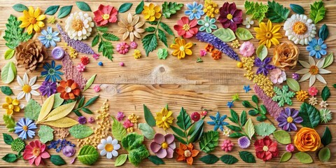 Fototapeta premium Colorful mosaic of flowers and leaves on a wooden board with scattered paper scraps and glue sticks, creating an abstract background, abstract background, glue