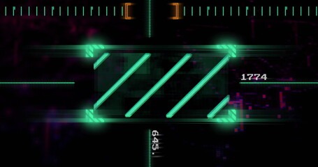 Neon green bars and digital numbers image over dark background with glowing elements