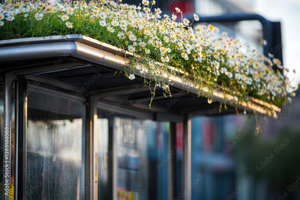 Poster a bus stop with a bright and colorful bouquet of flowers on the roof, adding a pop of color to the u