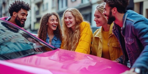 Fototapeta premium A group of people gathered near a pink car