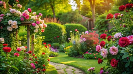 Serene garden scene with lush greenery and vibrant blooming roses in various stages of growth, rose gardens, outdoor spaces