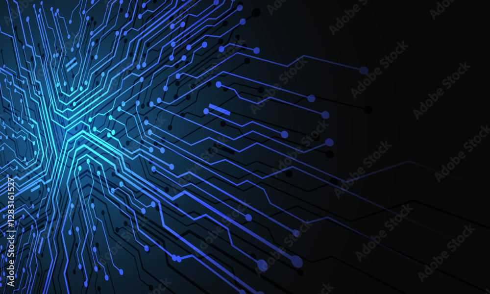Poster Abstract blue black circuit board technology connected lines electronics elements computer motherboard chip processor semiconductor digital on grey background vector
