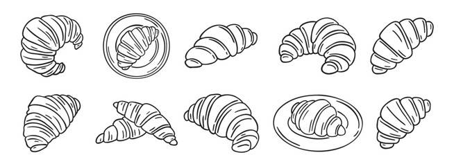 croissant doodle hand drawn icon set. Outline drawing croissant french breakfast line clipart symbol collection