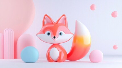 Fototapeta premium Cute and Colorful Cartoon Fox Character with Fluffy Tail and Alert Eyes Surrounded by Playful Shapes