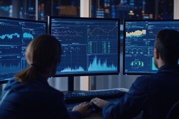 Two individuals focusing on tasks at identical workstations, great for representing teamwork or collaboration