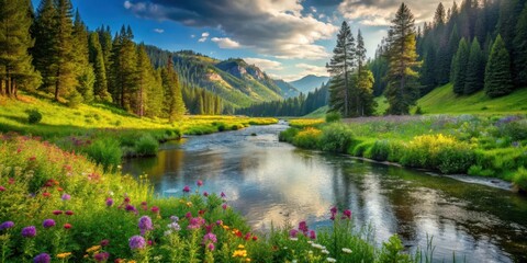 Naklejka premium Serene river flowing through a lush green valley surrounded by towering trees and vibrant wildflowers , water, outdoors