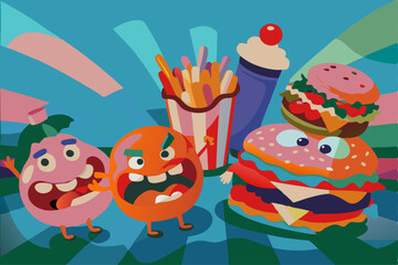 Fototapeta premium Whimsical Cartoon Food Frenzy: Animated Burgers and Fries Delightful Chaos in Colorful Background