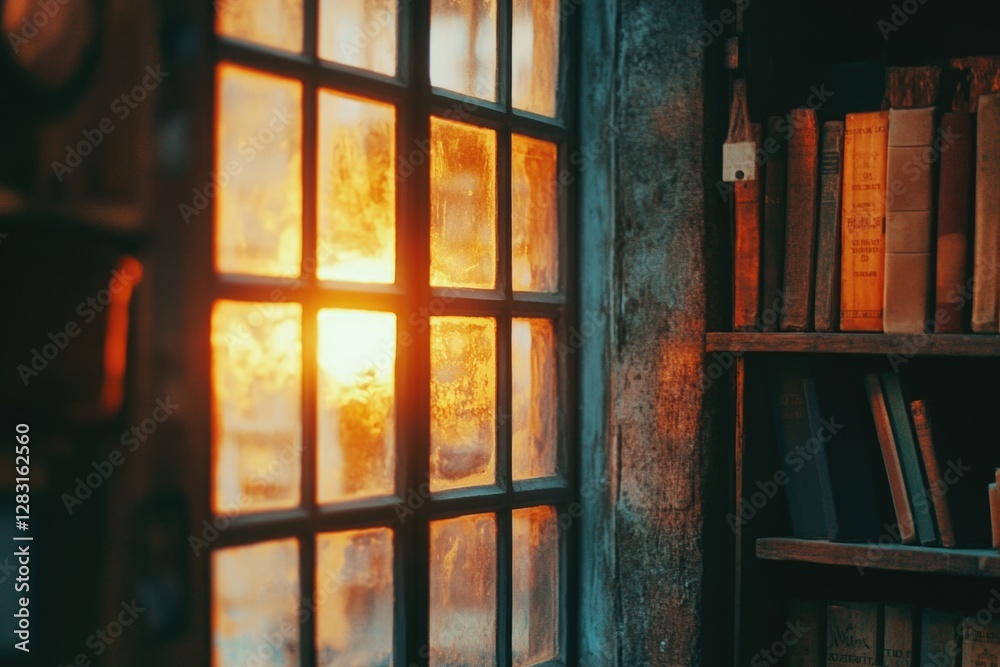 Aufkleber A bookshelf filled with books and a window in the background