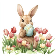 Obraz premium A cute bunny holding an Easter egg surrounded by colorful tulips in a vibrant garden.