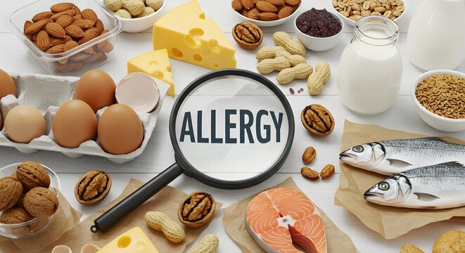 Common allergenic foods include nuts, eggs, milk, cheese, fish, and wheat with the word 'allergy' in the center.