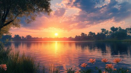 Obraz premium Tranquil sunset on the lake with golden hues lighting up the sky and water