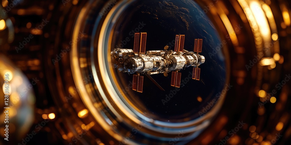 Aufkleber A futuristic space station visible through a circular window, ideal for sci-fi or technological concepts