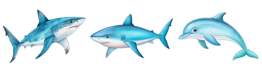 Fototapeta premium Colorful Illustration of Various Sharks Swimming in an Ocean Environment