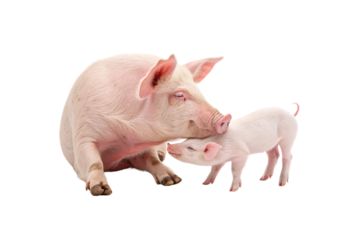 A pink pig sits affectionately beside a small piglet, sharing a tender nose nuzzle. The bond of care and warmth is evident, isolated on a transparent background