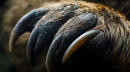 Obraz premium Close-up of a bear's paw showcasing sharp claws and textured fur, highlighting its strength and wild nature