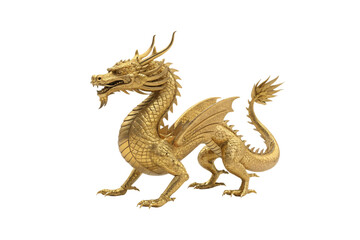 Fototapeta premium A side profile of a golden dragon, highlighting detailed scales, wings, and horns, exuding a sense of mythical authority and artistic craftsmanship, isolated on a transparent background