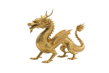 A side profile of a golden dragon, highlighting detailed scales, wings, and horns, exuding a sense of mythical authority and artistic craftsmanship, isolated on a transparent background