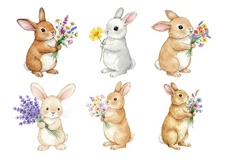 Naklejka premium Adorable Rabbit Characters Holding Colorful Bouquets of Flowers in Various Styles and Colors